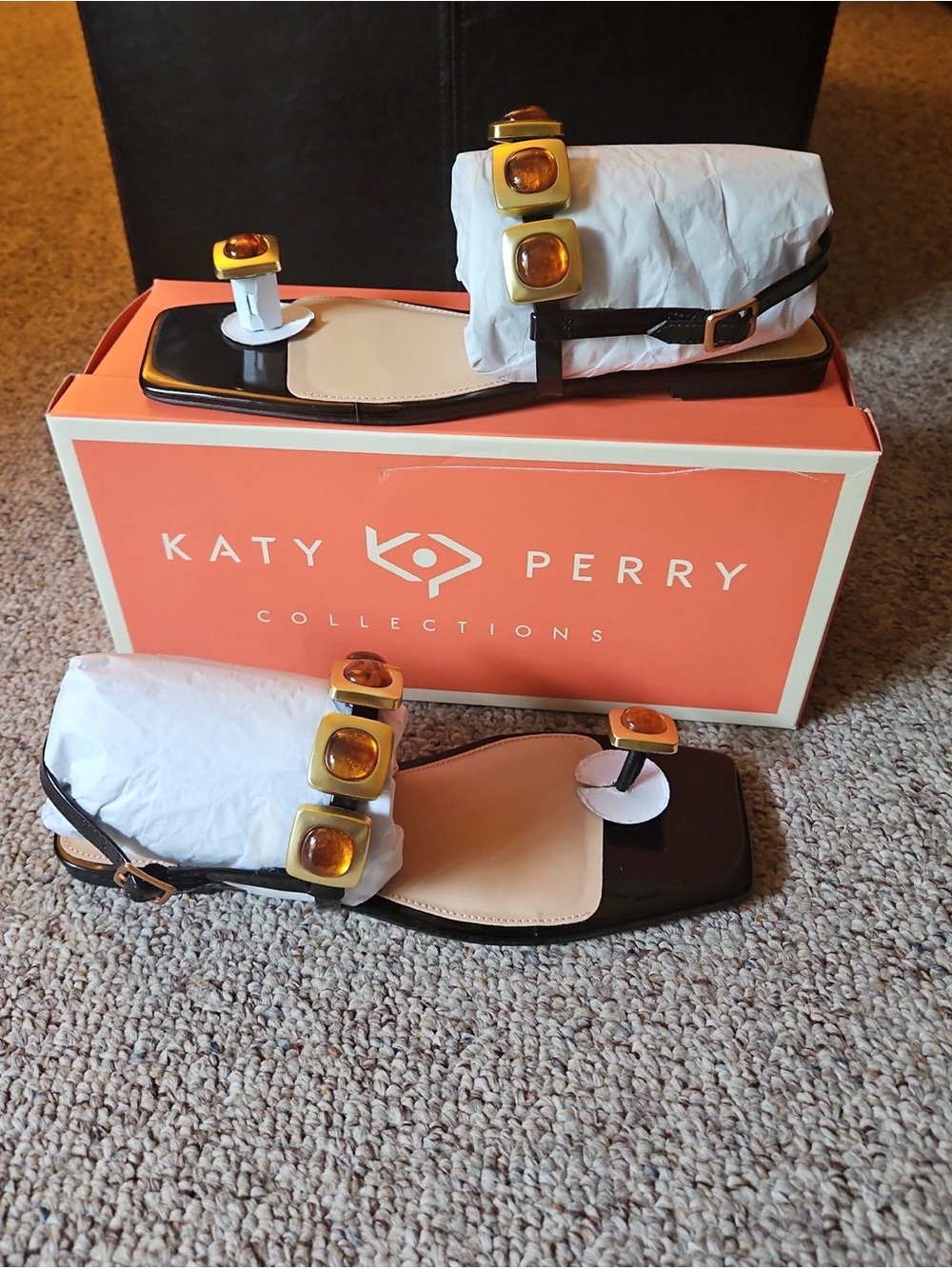 Katy Perry Collections Black Patent Slide Sandals with Amber Accent - Picture 4 of 6